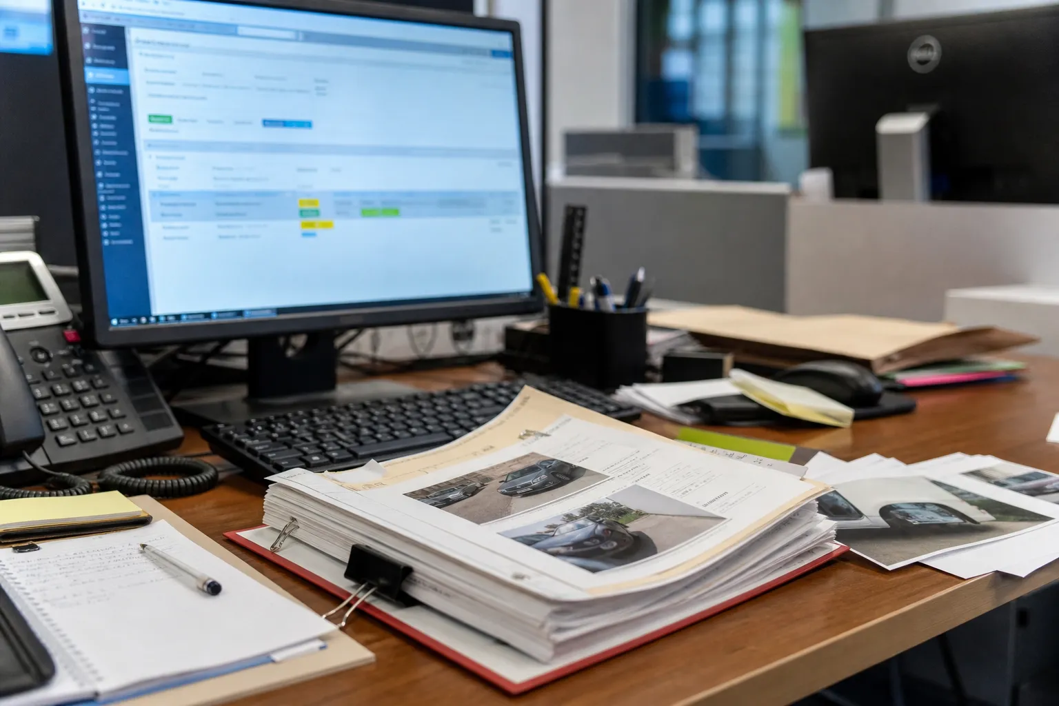 Bureau de gestionnaire de sinistres avec dossier papier ouvert à côté d’un écran de suivi