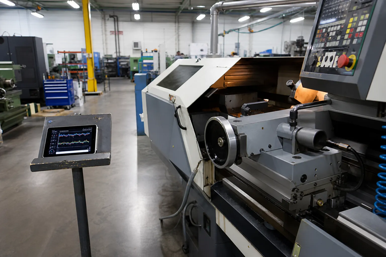 Atelier industriel avec technicien consultant une tablette affichant des courbes de suivi machine