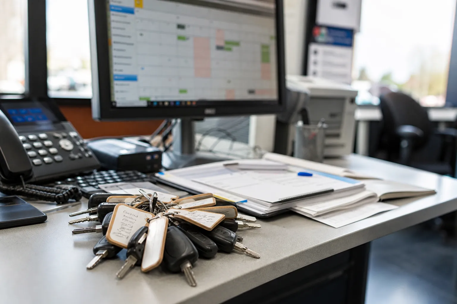 Bureau de gestion de flotte avec trousseau de clés de véhicules et écran de suivi d’entretien