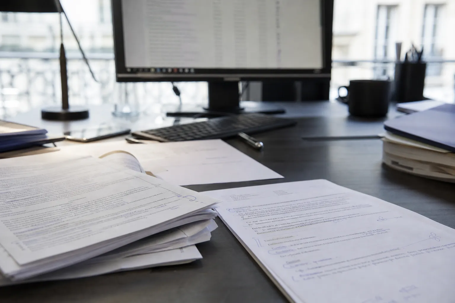 Bureau avec documents réglementaires imprimés et écran affichant une liste de textes suivis