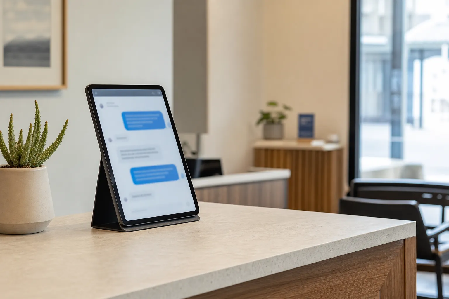 Comptoir d’accueil d’une petite entreprise avec tablette affichant une fenêtre de conversation