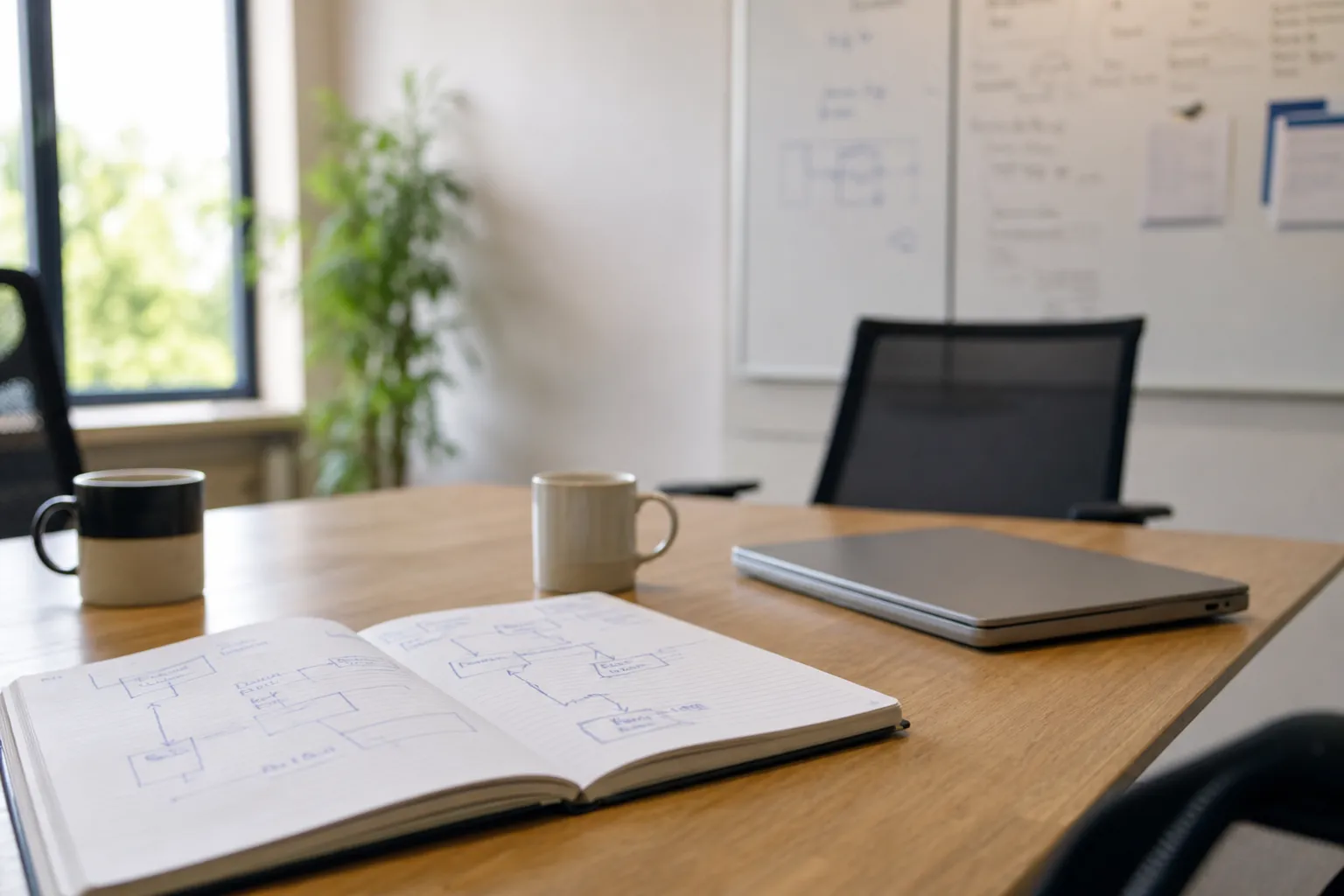 Table de réunion modeste avec carnet de notes et schéma dessiné à la main